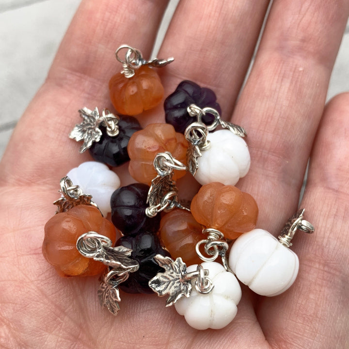 Gemstone Tiny Pumpkin and Sterling Silver Leaf Pendant - Carnelian, Amethyst, or White Opal - Fall Autumn Halloween Jewelry - SunlightSilver