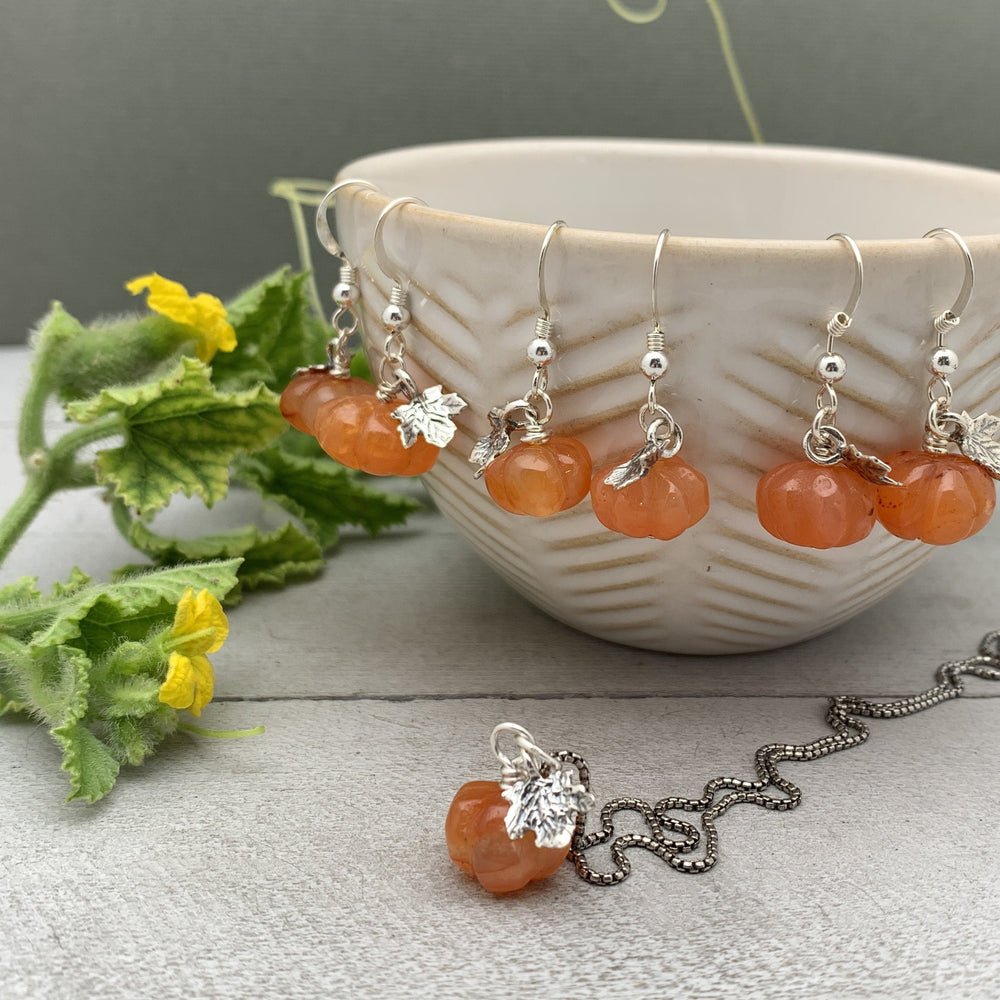 Gemstone Pumpkin Sterling Silver Earrings. Carnelian, Amethyst or White Opal - SunlightSilver