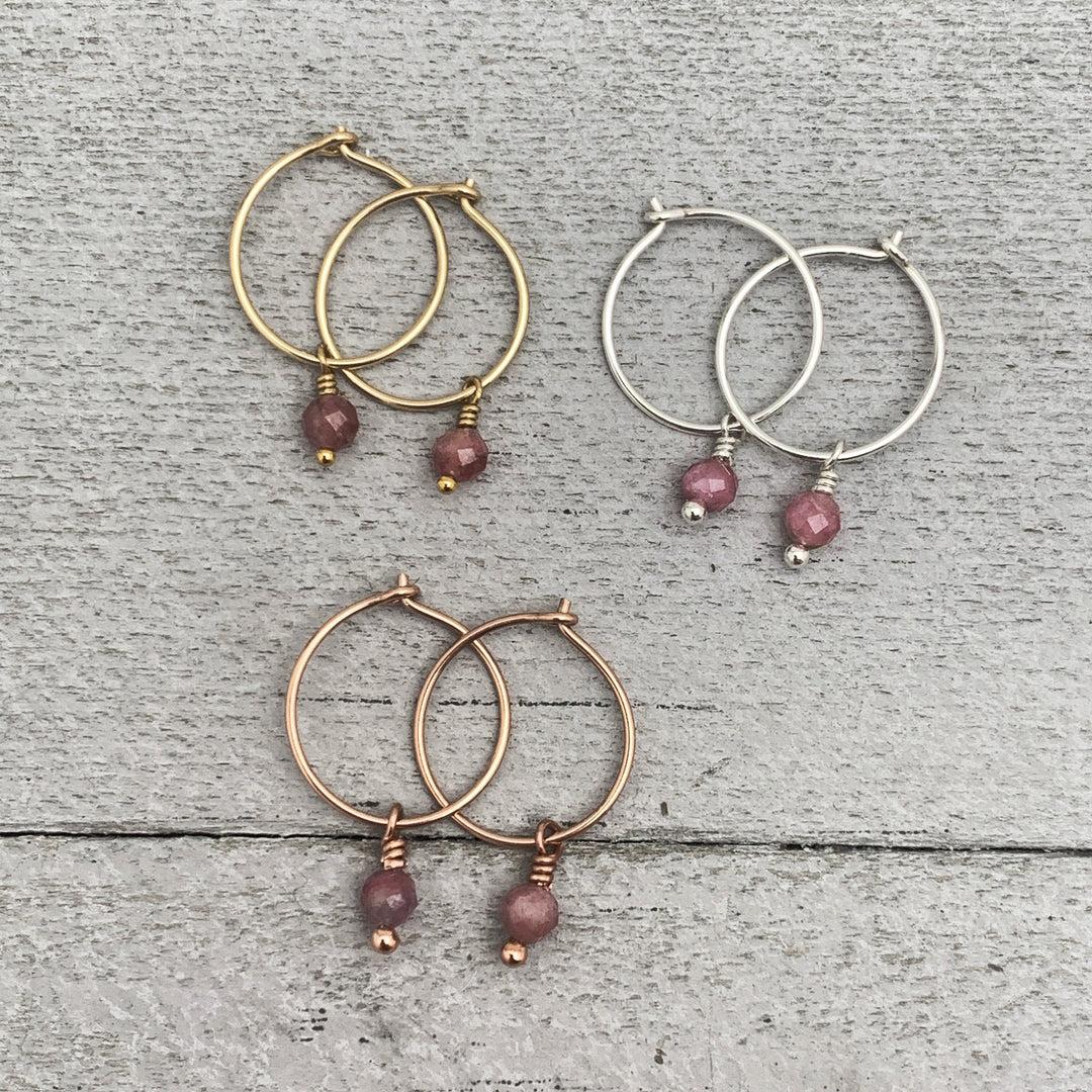 Pink Tourmaline Charm Hoop Earrings. Available in Solid 925 Sterling Silver, 14k Yellow or Rose Gold Fill - SunlightSilver