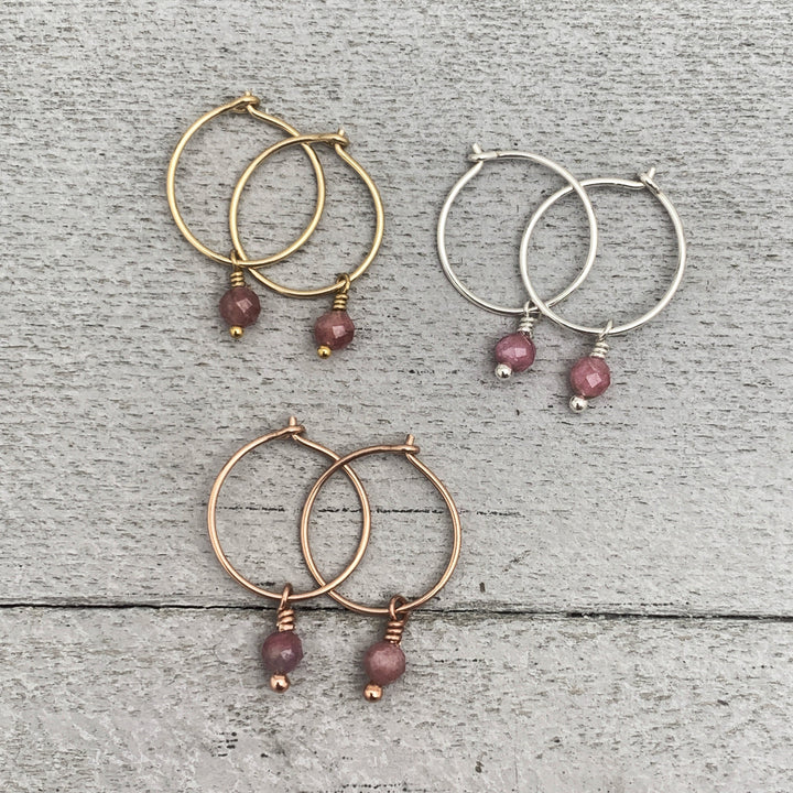 Pink Tourmaline Charm Hoop Earrings. Available in Solid 925 Sterling Silver, 14k Yellow or Rose Gold Fill - SunlightSilver