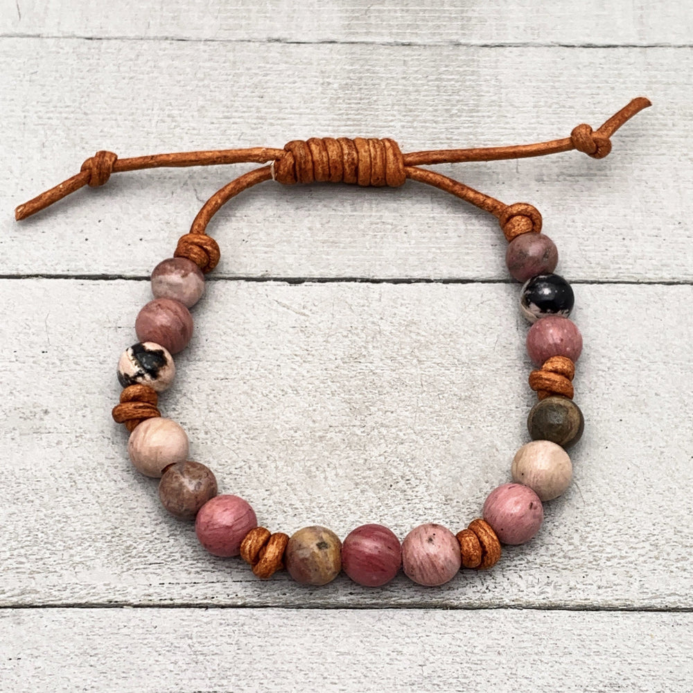 Rhodonite and Leather Gemstone Stacking Bracelet - SunlightSilver