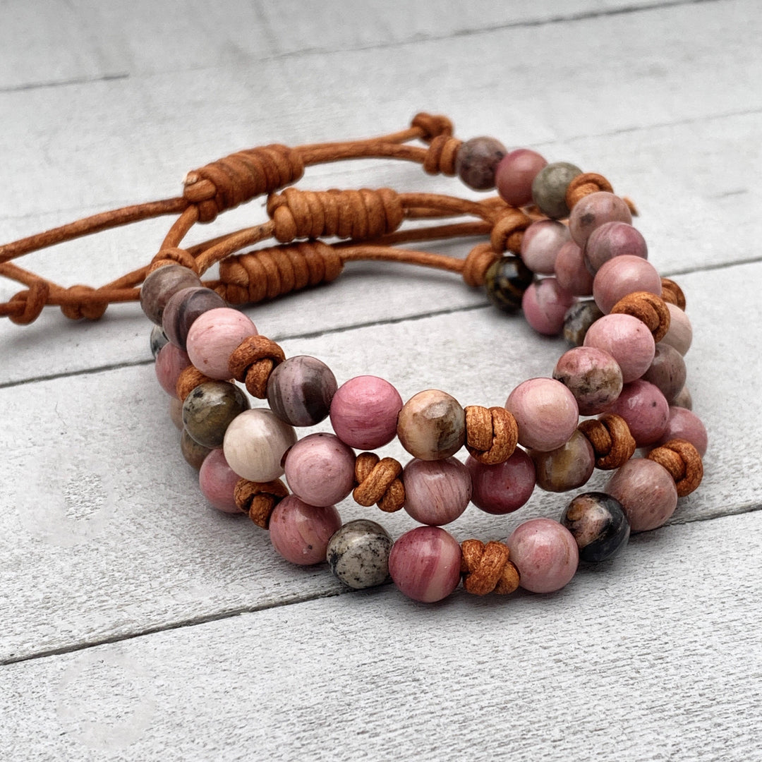 Pink Rhodonite and Leather Gemstone Stacking Bracelet - SunlightSilver