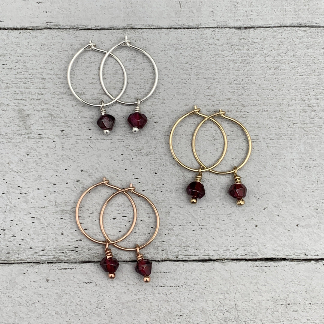 Garnet Charm Hoop Earrings. Available in Solid 925 Sterling Silver, 14k Yellow or Rose Gold Fill - SunlightSilver