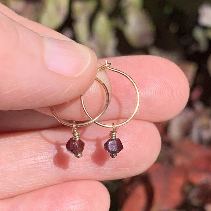 Garnet Charm Hoop Earrings. Available in Solid 925 Sterling Silver, 14k Yellow or Rose Gold Fill - SunlightSilver