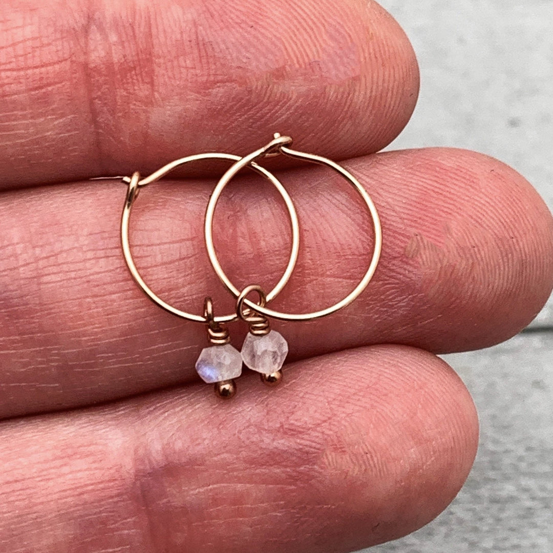 Moonstone Earrings - Minimalist Huggies Charm Hoops - Sterling Silver, Gold or Rose Gold - SunlightSilver