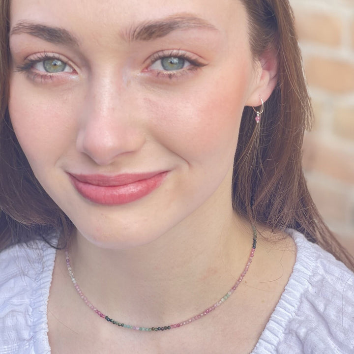 Pink Tourmaline Charm Hoop Earrings. Available in Solid 925 Sterling Silver, 14k Yellow or Rose Gold Fill - SunlightSilver