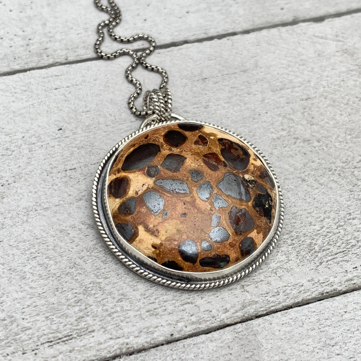 Bauxite and Sterling Silver Pendant Necklace. Animal Print Stone - SunlightSilver