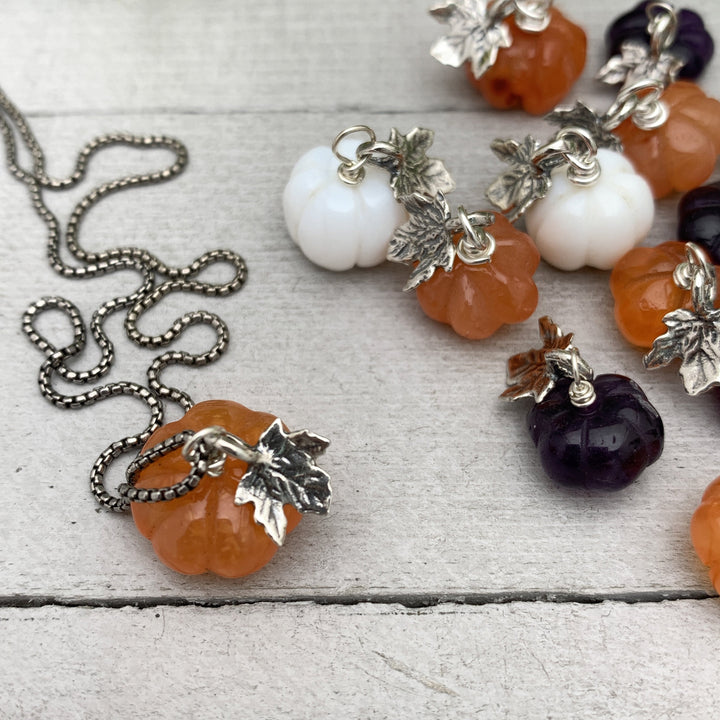 Gemstone Pumpkin Sterling Silver Necklace. Carnelian, Amethyst or Ghostly White Opal - SunlightSilver