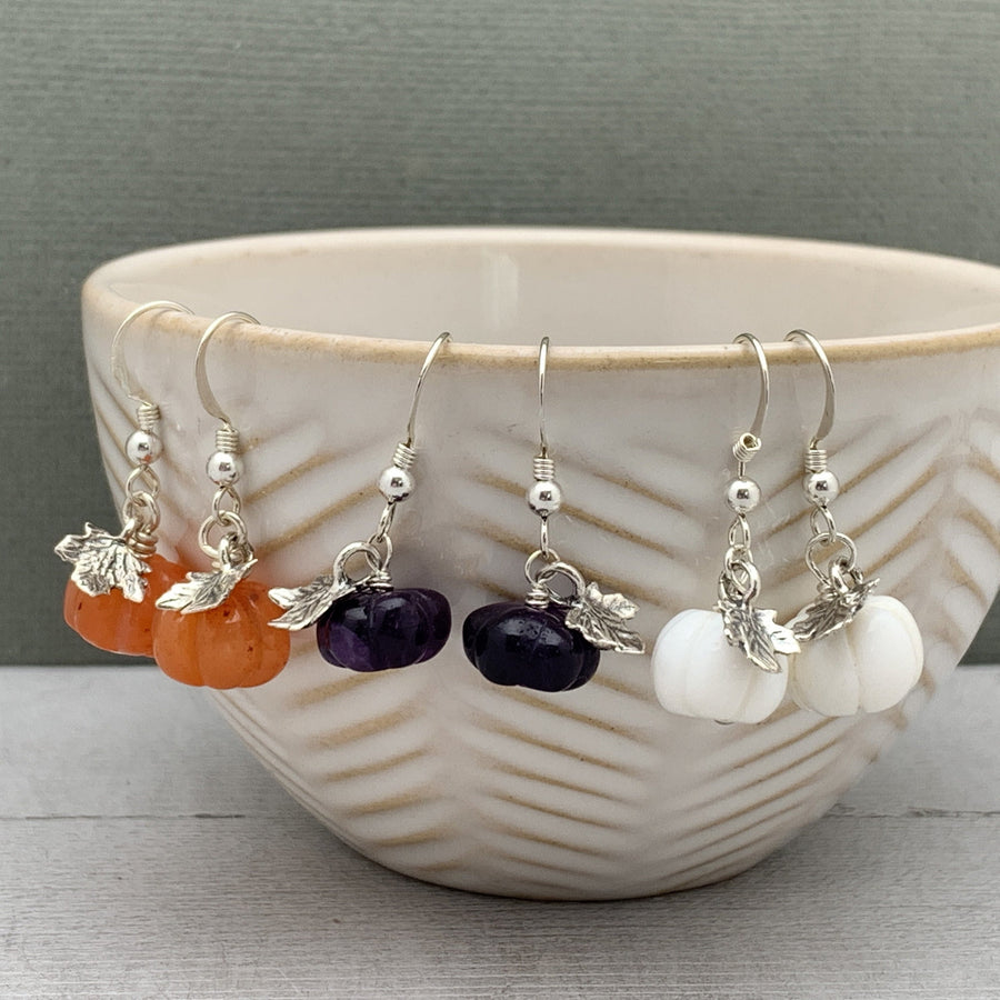 Gemstone Pumpkin Sterling Silver Earrings. Carnelian, Amethyst or White Opal - SunlightSilver