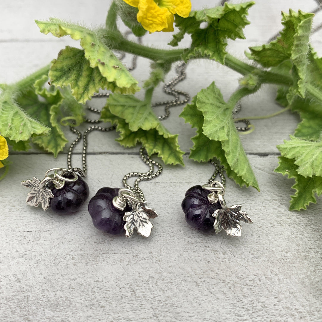 Gemstone Pumpkin Sterling Silver Necklace. Carnelian, Amethyst or Ghostly White Opal - SunlightSilver