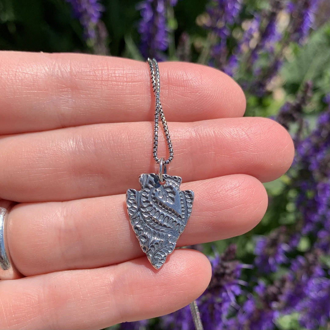 Silver Arrowhead Necklace with Paisley Design. Solid 925 Sterling Silver Pendant with Beautiful Stamped Bohemian Paisley Pattern. Southwest - SunlightSilver