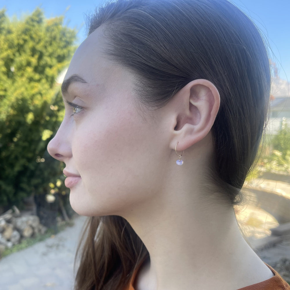 Pink Opalite Charm Hoop Earrings. Available in Solid 925 Sterling Silver, 14k Yellow or Rose Gold Fill - SunlightSilver