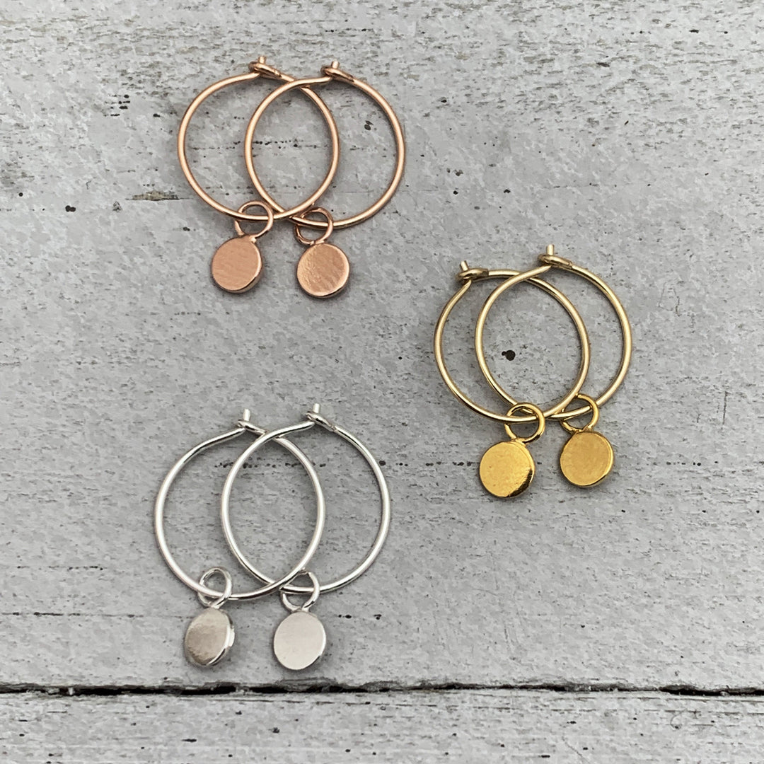 Charm Hoop Earrings Available in Solid 925 Sterling Silver, 14k Yellow or Rose Gold Fill - SunlightSilver