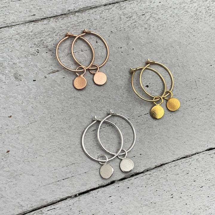 Charm Hoop Earrings Available in Solid 925 Sterling Silver, 14k Yellow or Rose Gold Fill - SunlightSilver