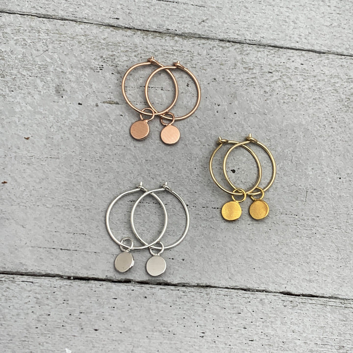 Charm Hoop Earrings Available in Solid 925 Sterling Silver, 14k Yellow or Rose Gold Fill - SunlightSilver