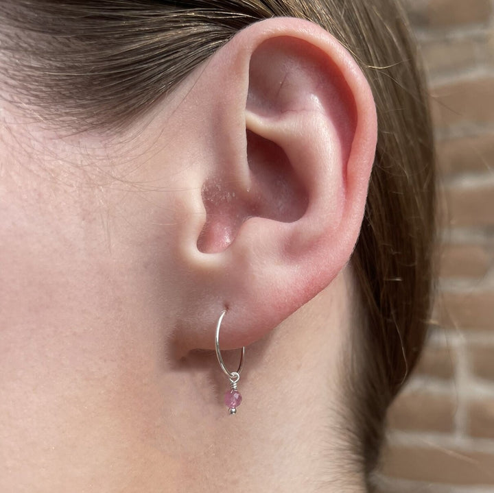 Pink Tourmaline Charm Hoop Earrings. Available in Solid 925 Sterling Silver, 14k Yellow or Rose Gold Fill - SunlightSilver