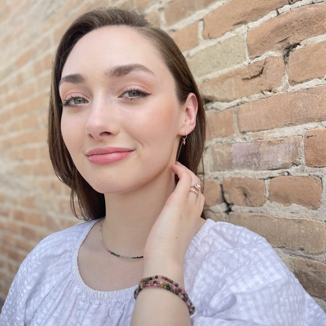 Pink Tourmaline Charm Hoop Earrings. Available in Solid 925 Sterling Silver, 14k Yellow or Rose Gold Fill - SunlightSilver