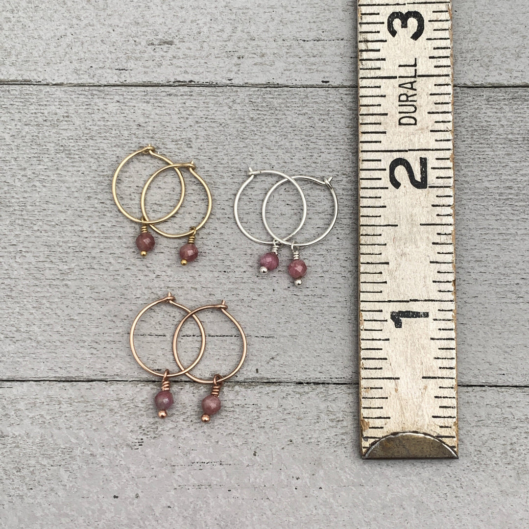 Pink Tourmaline Charm Hoop Earrings. Available in Solid 925 Sterling Silver, 14k Yellow or Rose Gold Fill - SunlightSilver