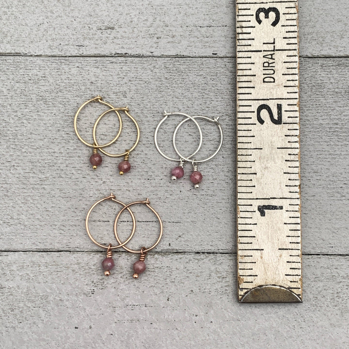 Pink Tourmaline Charm Hoop Earrings. Available in Solid 925 Sterling Silver, 14k Yellow or Rose Gold Fill - SunlightSilver