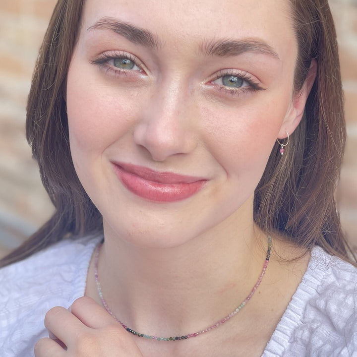 Pink Tourmaline Charm Hoop Earrings. Available in Solid 925 Sterling Silver, 14k Yellow or Rose Gold Fill - SunlightSilver