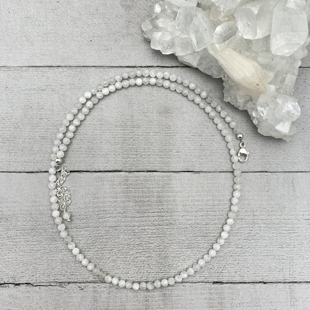 Faceted Moonstone Crystal and Sterling Silver Beaded Necklace - SunlightSilver