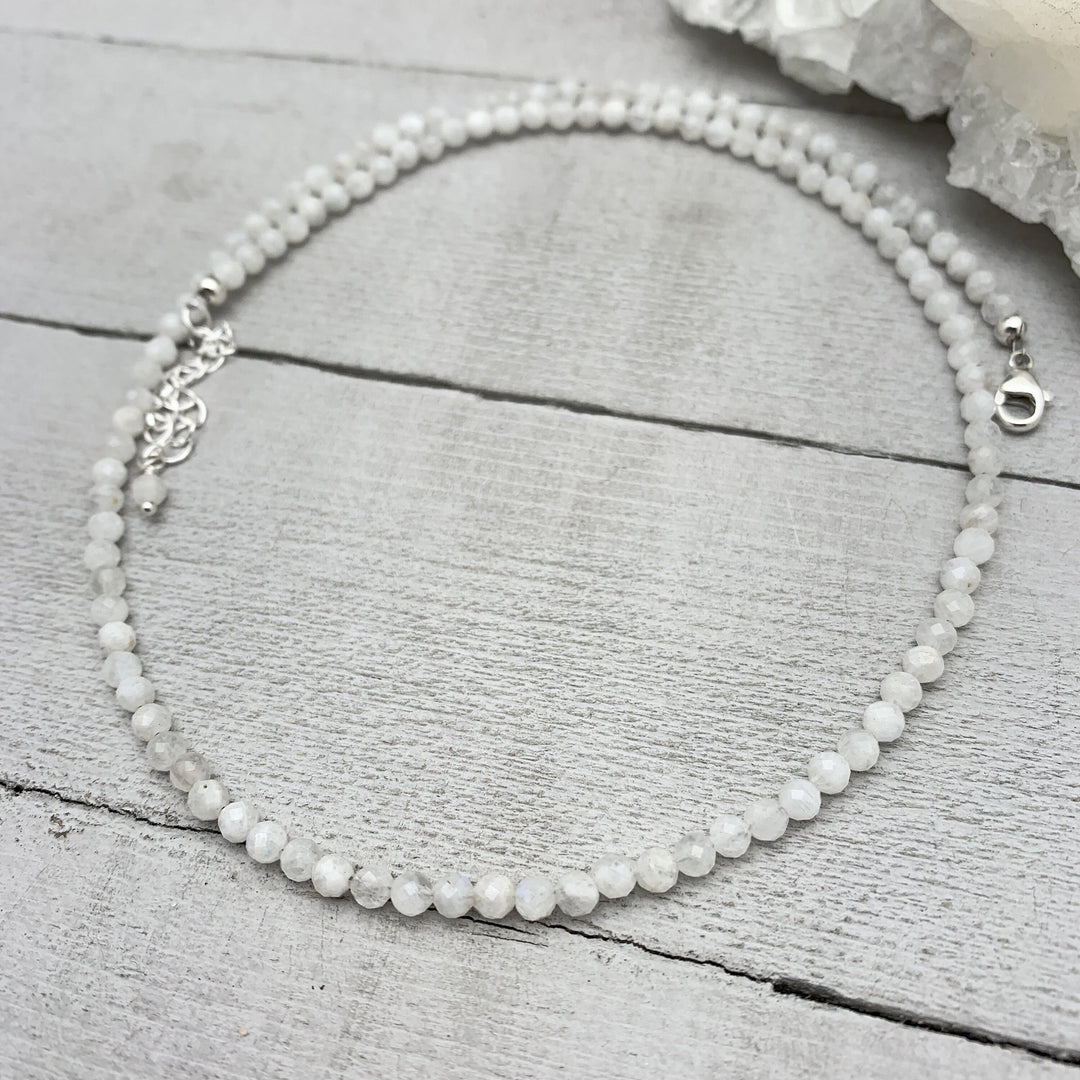 Faceted Moonstone Crystal and Sterling Silver Beaded Necklace - SunlightSilver