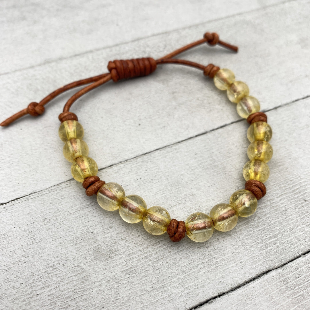 Citrine Crystal and Leather Gemstone Stacking Bracelet - SunlightSilver