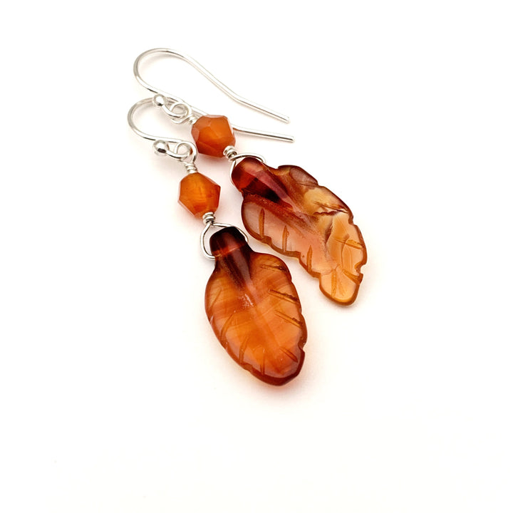 Carved Carnelian Leaf Earrings - SunlightSilver