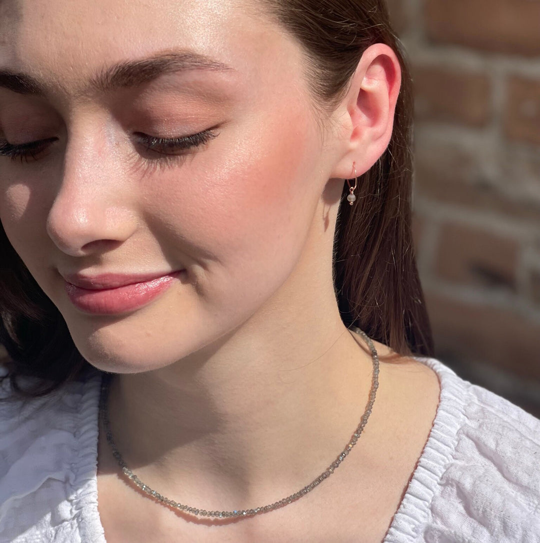 Labradorite Charm Hoop Earrings Available in Solid 925 Sterling Silver, 14k Yellow or Rose Gold Fill - SunlightSilver