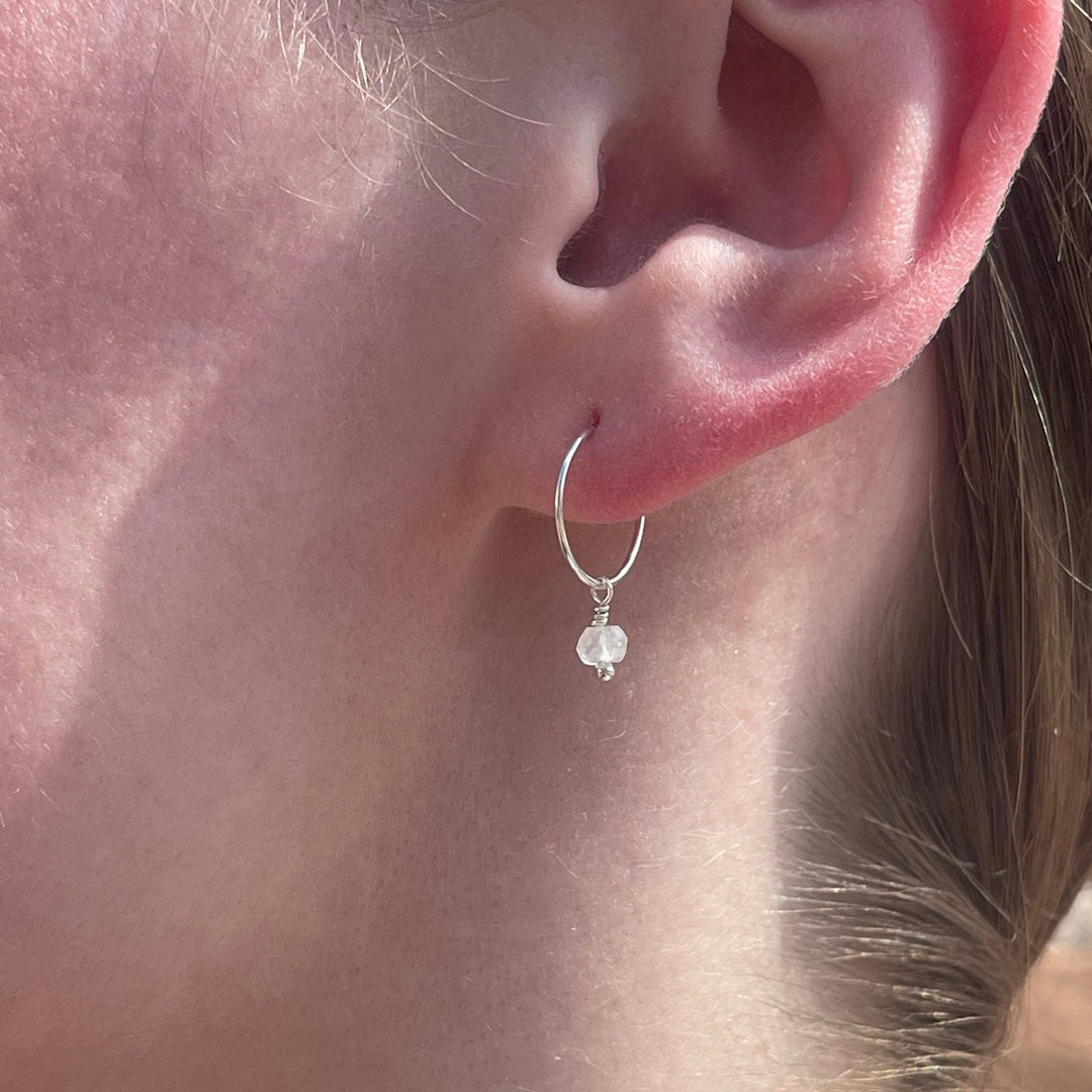 Moonstone Charm Hoop Earrings Available in Solid 925 Sterling Silver, 14k Yellow or Rose Gold Fill - SunlightSilver