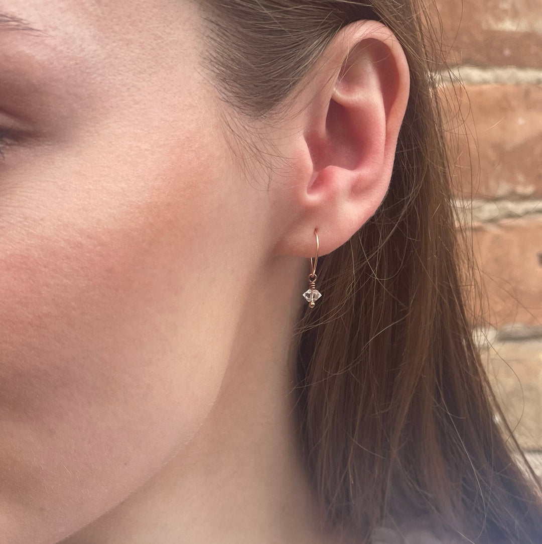 Herkimer Diamond Charm Hoop Earrings Available in Solid 925 Sterling Silver, 14k Yellow or Rose Gold Fill - SunlightSilver