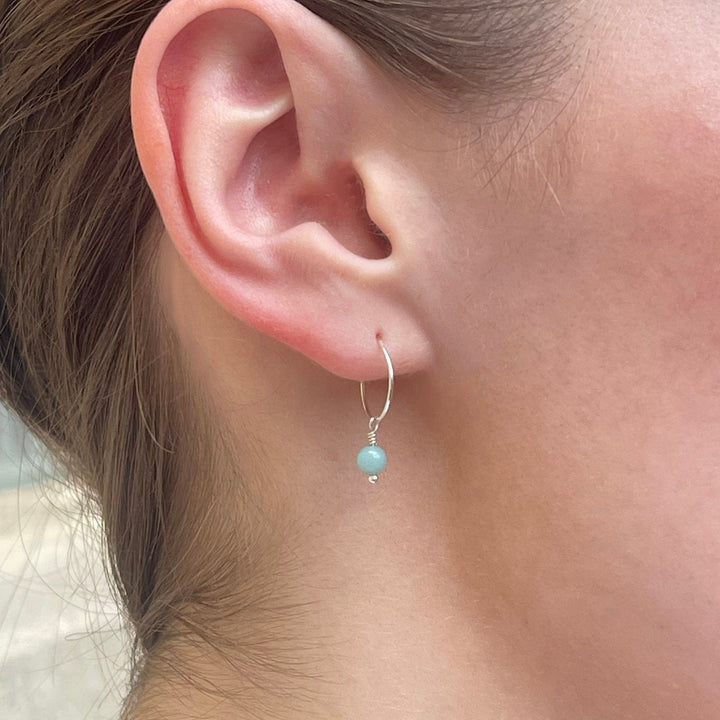 Blue Amazonite Charm Hoop Earrings. Available in Solid 925 Sterling Silver, 14k Yellow or Rose Gold Fill - SunlightSilver