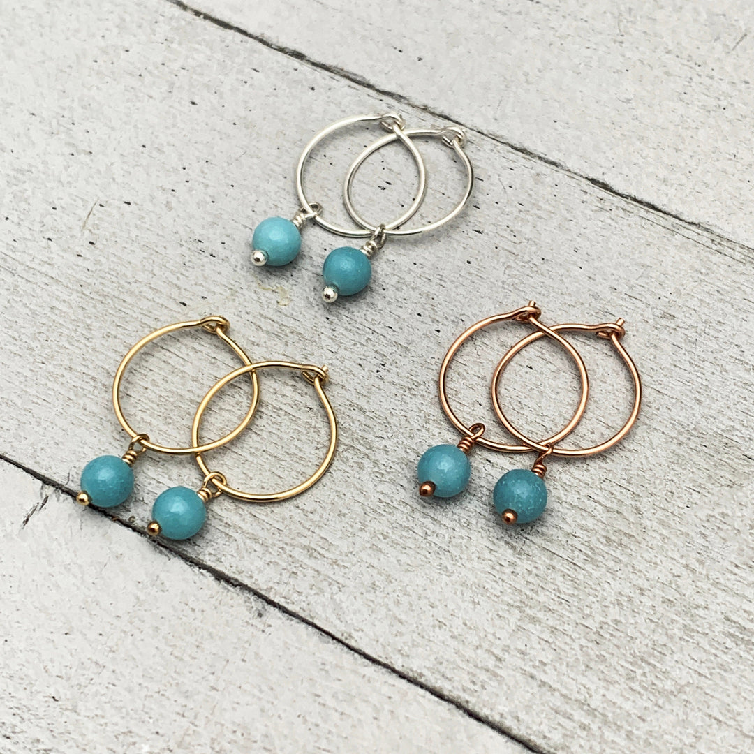 Blue Amazonite Charm Hoop Earrings. Available in Solid 925 Sterling Silver, 14k Yellow or Rose Gold Fill - SunlightSilver