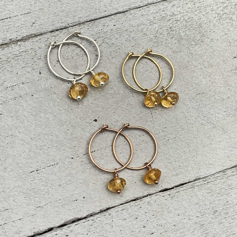 Citrine Charm Hoop Earrings. Available in Solid 925 Sterling Silver, 14k Yellow or Rose Gold Fill - SunlightSilver