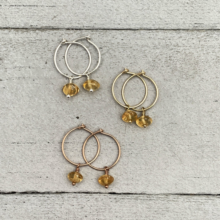 Citrine Charm Hoop Earrings. Available in Solid 925 Sterling Silver, 14k Yellow or Rose Gold Fill - SunlightSilver