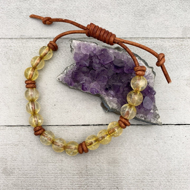 Citrine Crystal and Leather Gemstone Stacking Bracelet - SunlightSilver