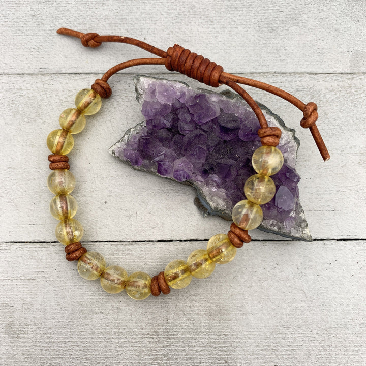 Citrine Crystal and Leather Gemstone Stacking Bracelet - SunlightSilver