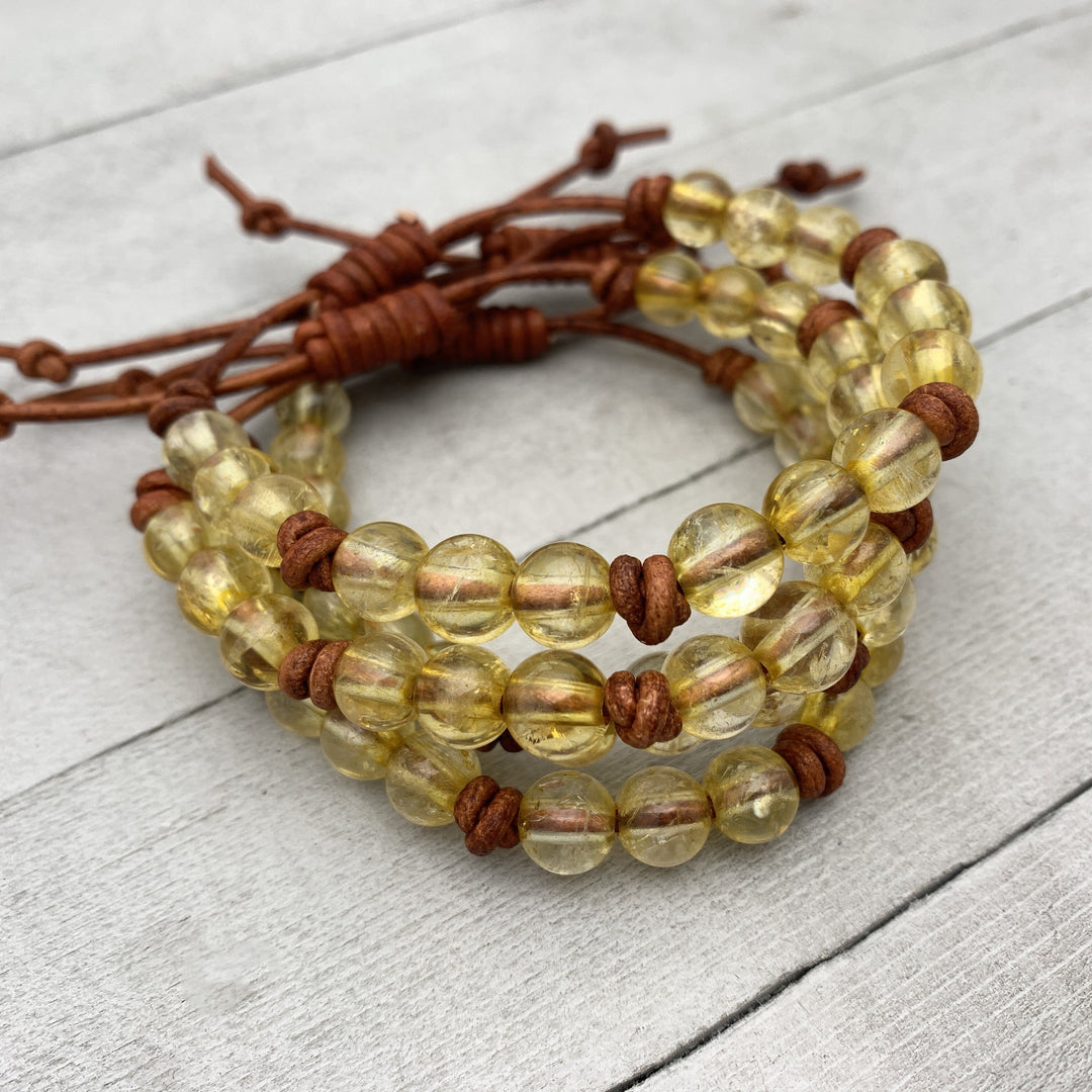 Citrine Crystal and Leather Gemstone Stacking Bracelet - SunlightSilver