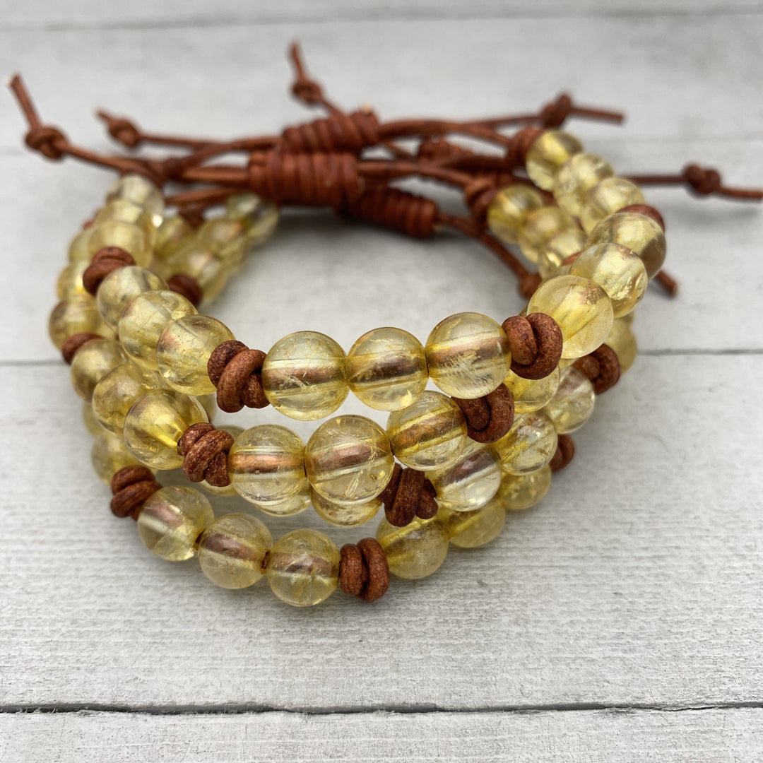 Citrine Crystal and Leather Gemstone Stacking Bracelet - SunlightSilver