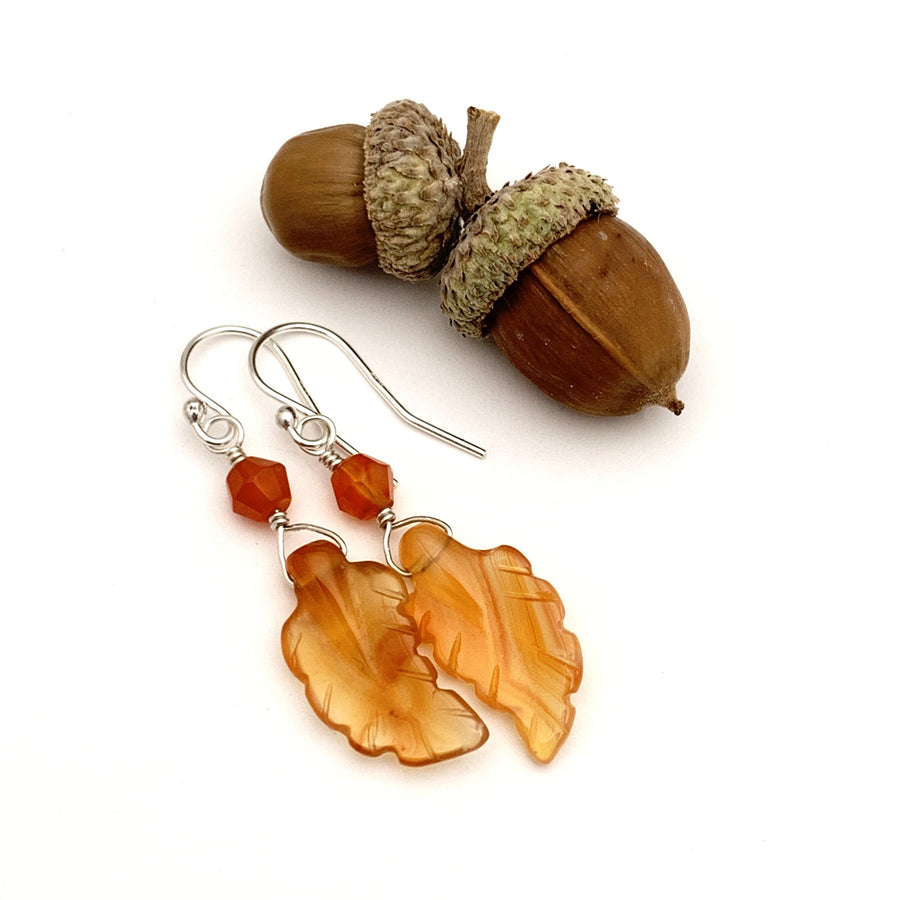 Carved Carnelian Leaf Earrings. Fall leaf Jewelry. Carved Leaf Earrings - SunlightSilver