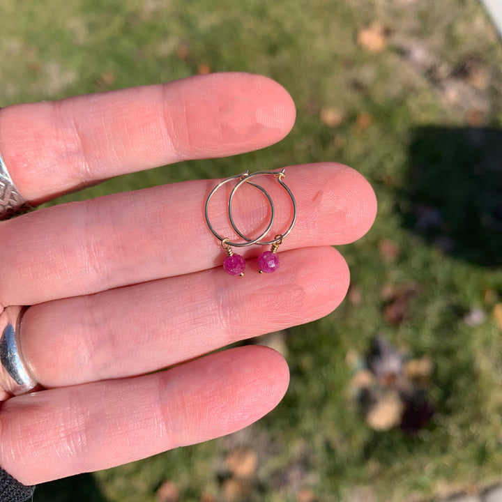 Ruby Charm Hoop Earrings. Available in Solid 925 Sterling Silver, 14k Yellow or Rose Gold Fill - SunlightSilver