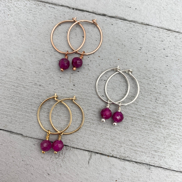 Ruby Charm Hoop Earrings. Available in Solid 925 Sterling Silver, 14k Yellow or Rose Gold Fill - SunlightSilver