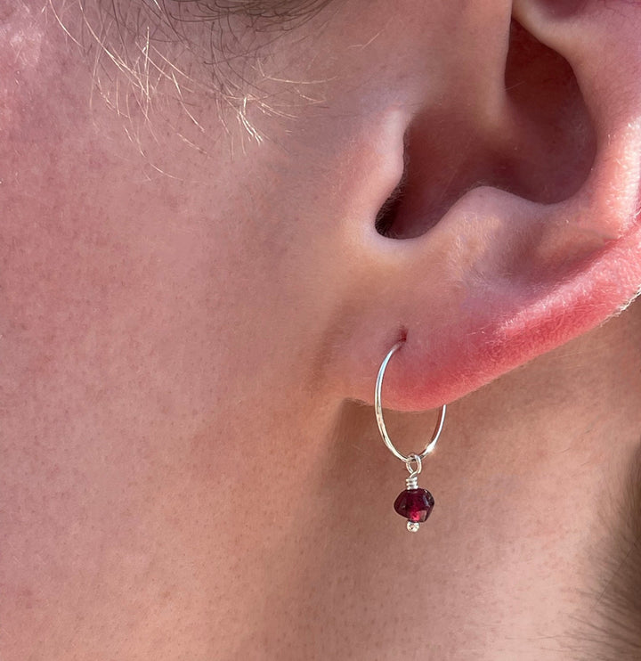 Garnet Charm Hoop Earrings. Available in Solid 925 Sterling Silver, 14k Yellow or Rose Gold Fill - SunlightSilver