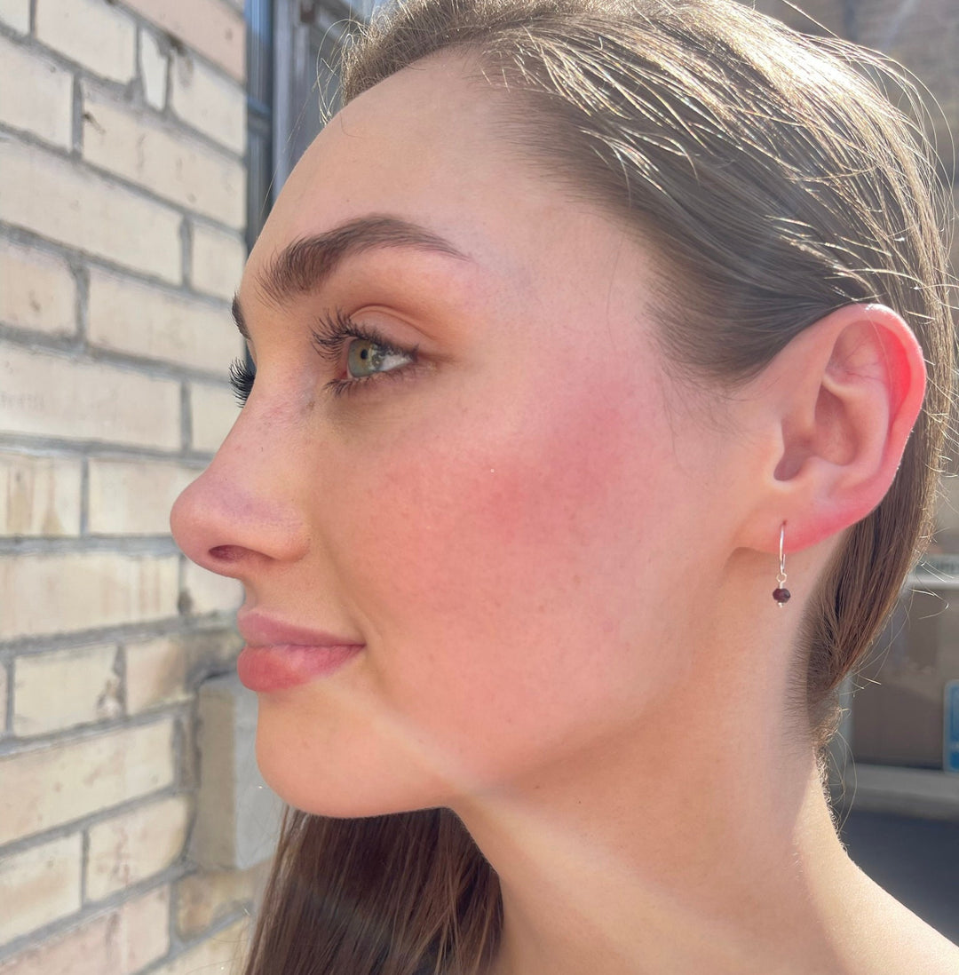 Garnet Charm Hoop Earrings. Available in Solid 925 Sterling Silver, 14k Yellow or Rose Gold Fill - SunlightSilver