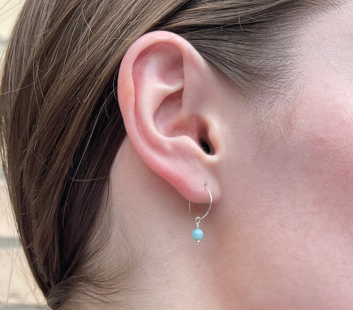 Blue Amazonite Charm Hoop Earrings. Available in Solid 925 Sterling Silver, 14k Yellow or Rose Gold Fill - SunlightSilver