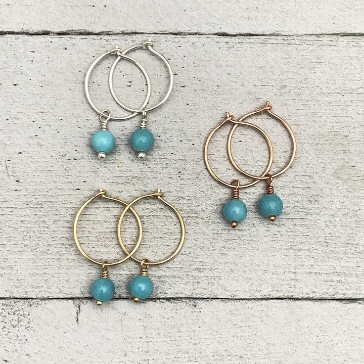 Blue Amazonite Charm Hoop Earrings. Available in Solid 925 Sterling Silver, 14k Yellow or Rose Gold Fill - SunlightSilver