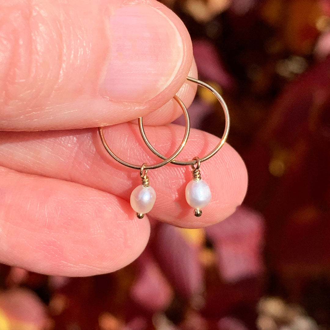 White Freshwater Pearl Charm Hoop Earrings. Available in Solid 925 Sterling Silver, 14k Yellow or Rose Gold Fill - SunlightSilver