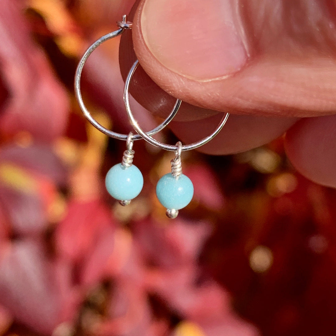 Blue Amazonite Charm Hoop Earrings. Available in Solid 925 Sterling Silver, 14k Yellow or Rose Gold Fill - SunlightSilver