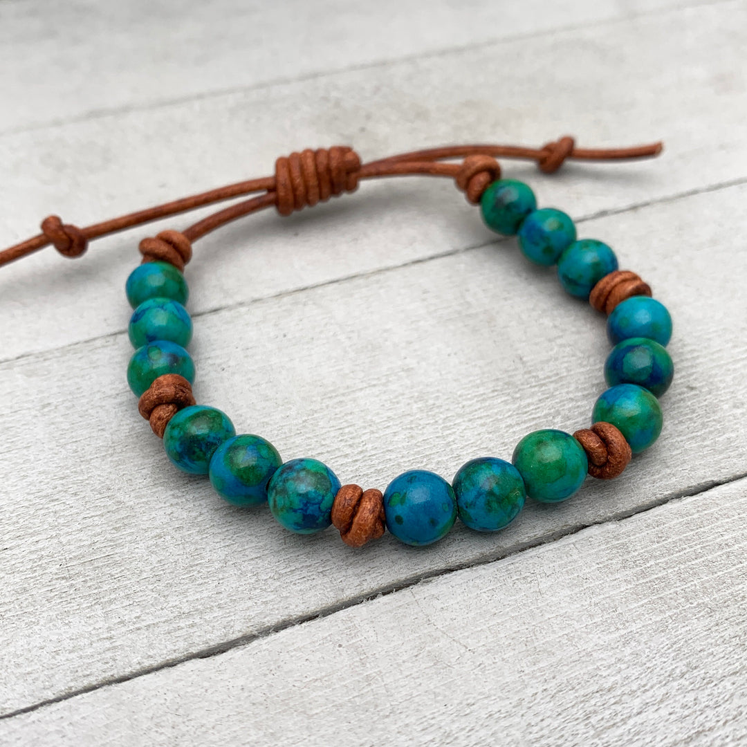 Azurite Gemstone and Rustic Brown Leather Bracelet - SunlightSilver