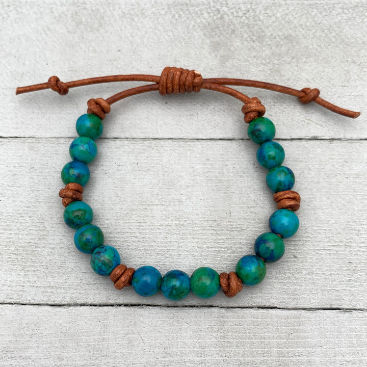 Azurite Gemstone and Rustic Brown Leather Bracelet - SunlightSilver